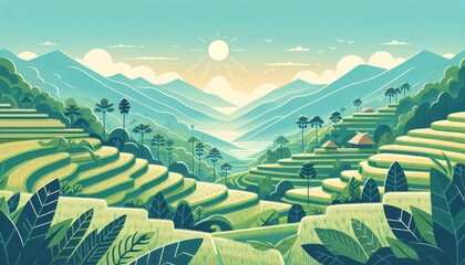 Verdant Rice Terrace Landscape with Traditional Hut