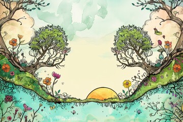 Cartoon cute doodles of mirror world gardens with upside-down trees and flowers that grow downwards into the earth, Generative AI