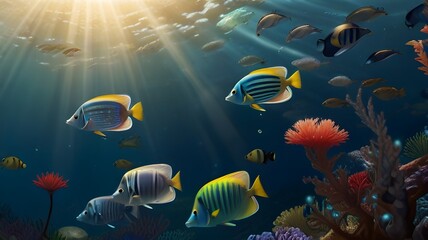 digital artwork depicting an underwater realm teeming with vibrant marine life and colorful coral reefs. Sunlight filters down through the depths, casting shimmering rays of light that dance across th