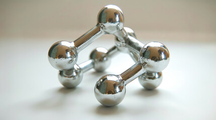 A silver metal sculpture of a molecule.