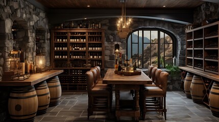 A sophisticated wine cellar with climate-controlled storage, tasting area, and rustic decor