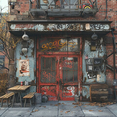 game texture sheet, front view, orthographic, new york store fronts, facades, boarded windows, broken windows, graffiti, realistic --ar 1:1 --stylize 750