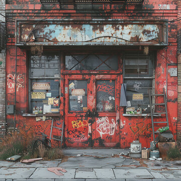 game texture sheet, front view, orthographic, new york store fronts, facades, boarded windows, broken windows, graffiti, realistic --ar 1:1 --stylize 750
