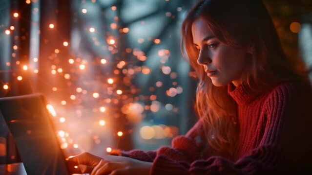 Young woman uses laptop computer for work or study in the city at night. Various holographic displays and competitive abilities technological progress