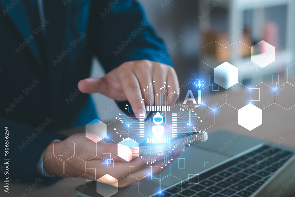 Poster chat robot ai assistant concept. business man show smart ai chatbot. modern technology ai or artific