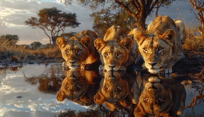 Three male lions drinking from a waterhole in the African savanna