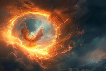 An ethereal phoenix flying through a ring of fire in the sky, creating a portal of bright light