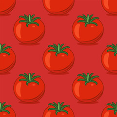 Vector Seamless Pattern with Whole Red Tomato on Red Background. Fresh Tomato Print for Textile, Paper