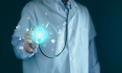 Doctor and virtual medical health care icons with medical network connection. People health care awareness rising growth of medical health and life insurance business.