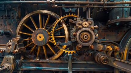 Fototapeta premium An imaginative view of a clock gear merging seamlessly into the machinery of a steam train