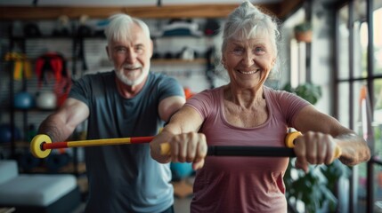 Senior couple working out with resistance bands, embracing the journey of fitness together with determination and joy.