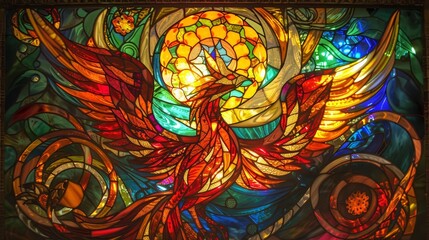An ornate stainedglass window depicting a phoenix surrounded by swirling flames, casting colorful light