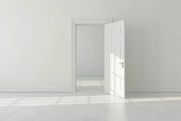 An empty room with a white background color, featuring an open door on the wall.