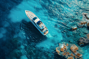 Aerial view of luxury yacht sailing in turquoise sea, Generative Ai