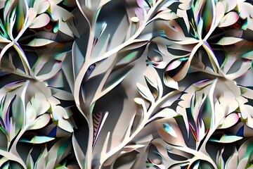 3d wallpaper abstract of white floral tree decor, colorful leaf and background. Decorative wall art. Generative AI