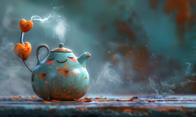 Create a whimsical illustration of a teapot with two heart-shaped balloons floating from the spout