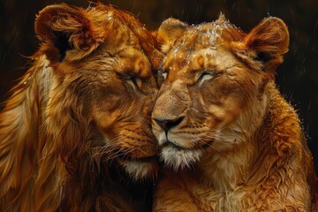 Naklejka premium Two lions, one male and one female, are standing close to each other in the rain