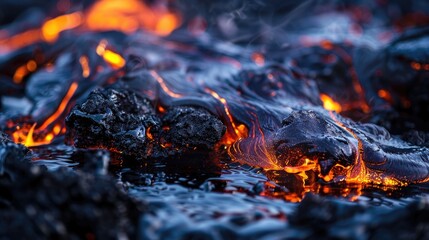 Macro shot of sizzling hot lava flowing into an icy water body, natural elements clashing