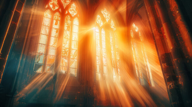 Sunlight shining through the window, a closeup view of large church windows reveals sun rays and light effects, creating an atmosphere of tranquility and spiritual warmth.