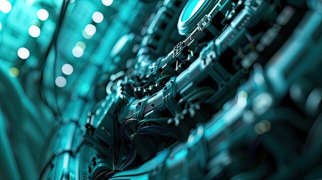 Macro shot of a complex server room, backbone of internet communication