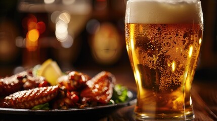 Close-up of chilled beer and hot wings, perfect combination for contrasting tastes