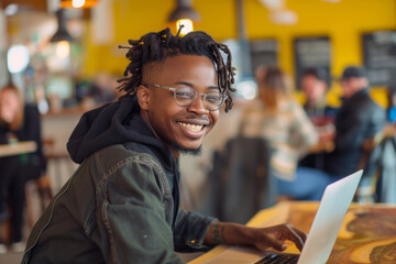 A cheerful young man with glasses sitting at a table in front of his laptop, smiling and looking into the camera while working on the computer.