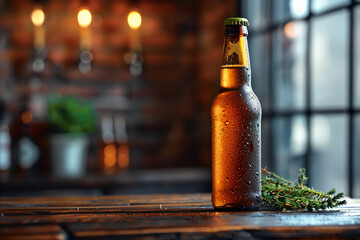 bottle of beer on wooden planks with copy space, dark background. Mockup template for website design, +8k+ real photo taken