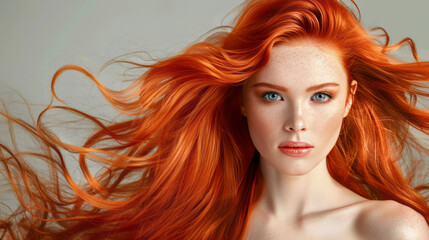 Obraz premium A beautiful woman with long red hair posing for the camera in a studio against a light grey background, her gorgeous wavy hair and perfect skin enhancing her beauty.