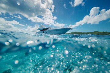 Underwater view of luxury yacht and coral reef at Seychelles, Generative Ai