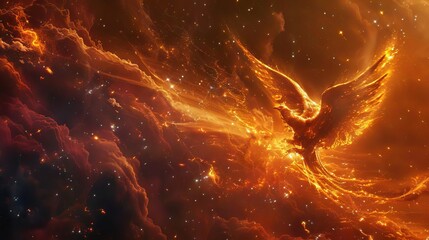 A cosmic phoenix flying through the stars, leaving a trail of burning meteorites and cosmic debris