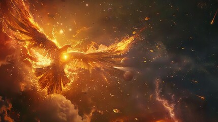 A cosmic phoenix flying through the stars, leaving a trail of burning meteorites and cosmic debris