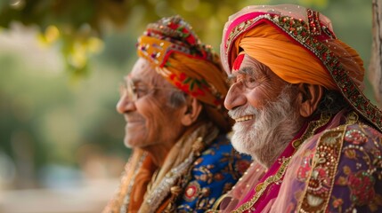 Fototapeta premium Elderly pair adorned in traditional attire, enjoying festivities with smiles and laughter, cherishing each other's company.