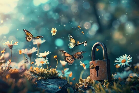 A conceptual image showing a key unlocking a padlock, releasing butterflies and flowers