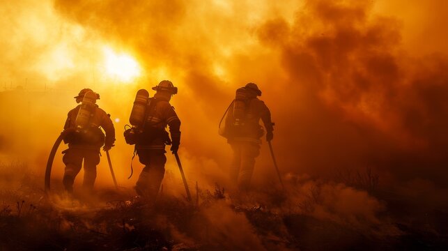 Firefighters battling flames in hazardous conditions, silhouetted against a backdrop of smoke and fire.
