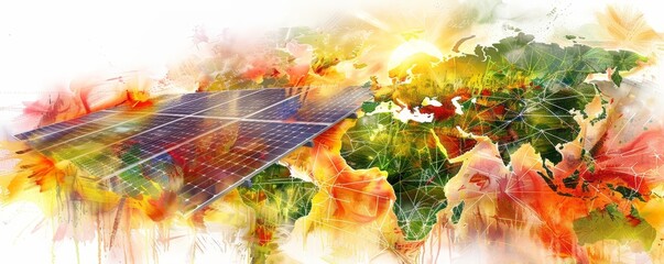 Fototapeta premium Artistic depiction merging technology and nature, featuring a solar panel amidst a vibrant, watercolor world map, symbolizing global energy connectivity.