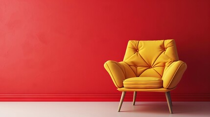 A yellow chair against a red wall.