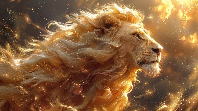 A majestic lion with a golden flowing mane stands tall on a rocky outcrop, surveying the vast savanna before him