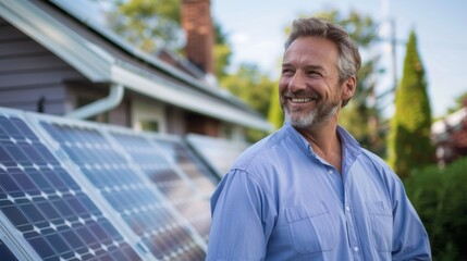 A homeowner inspecting solar panels on their rooftop, smiling with satisfaction at their investment in renewable energy.