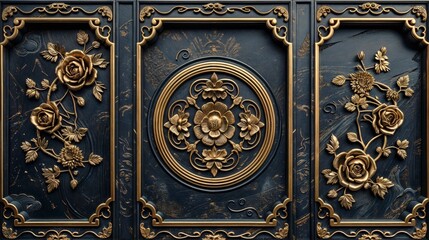 An exquisite black wooden door adorned with detailed golden floral carvings, showcasing craftsmanship