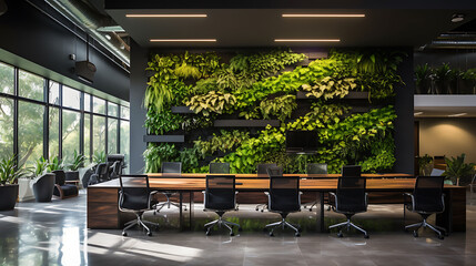 Lush vertical garden wall inside a modern office, adding a touch of nature to the workspace,
