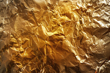 crumpled gold foil paper with abstract texture, wrinkled and rough, vintage backdrop in yellow and brown color