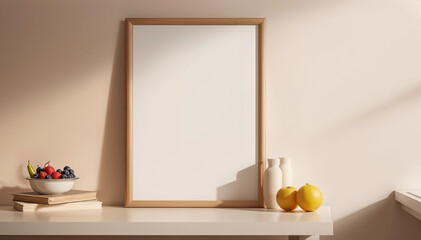 Maqueta de marco de madera sobre mesa de cocina. Maqueta de marco de poster vertical. Maqueta para mostrar arte, ilustración, foto, pintura.