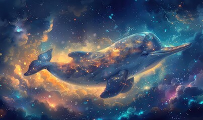 A beautiful and majestic dolphin swims through a sea of stars, its body shimmering with the light of a thousand suns