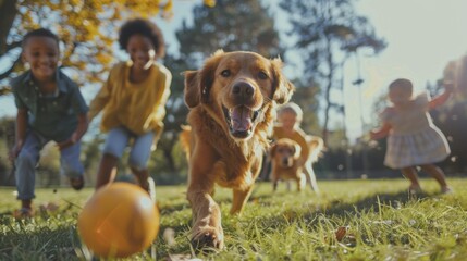 Close-up of a smiling couple playing fetch with their dog while their children chase after the bouncing ball in the park.