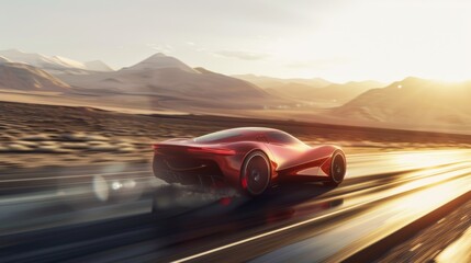 Obraz premium A sleek sports car zooming across a desert highway, mirage shimmering in the distance.