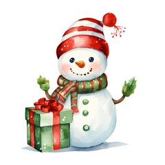 Cute watercolor snowman with gift box. Christmas illustration.