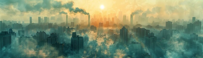 Fototapeta premium A panoramic cityscape enveloped in a thick layer of mist and pollution, highlighted by the early morning sun casting a golden hue over the high-rises.
