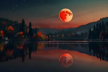 Lake landscape with a red moon, 4k wallpaper Generative AI