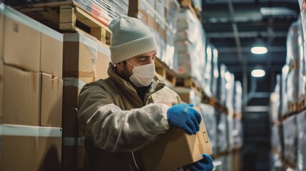 Worker wearing protective gear stacking boxes of frozen meat in a cold storage room, organizing inventory for distribution.