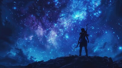 Fototapeta premium A young woman stands on a cliff, looking up at the starry night sky. She is filled with wonder and awe at the beauty of the universe.